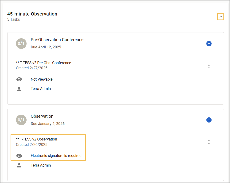 Overview of tasks including observation details with required electronic signature.